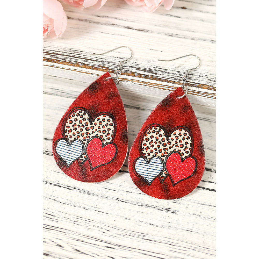 Red Valentine's Day Heart Print Water Drop Earrings Image 2