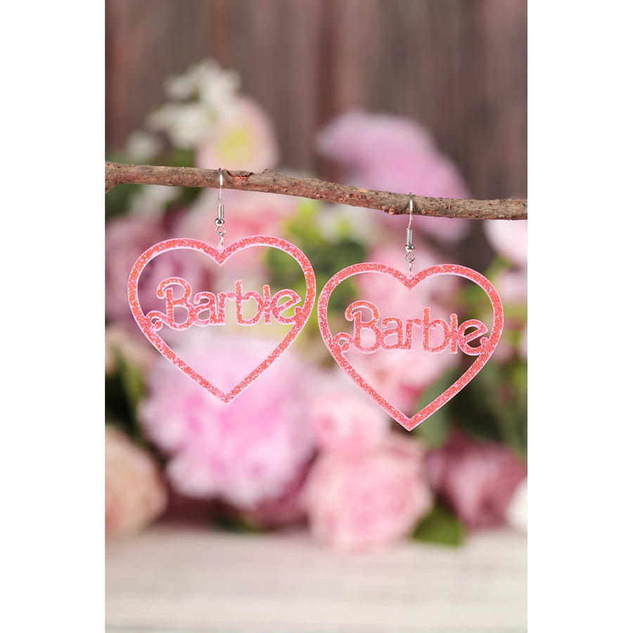 Pink Barbie Heart Dangle Valentines Day Earrings Image 1
