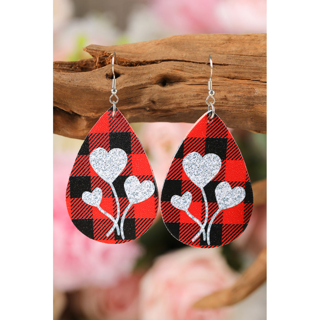 Red Valentines Day Sequin Heart Plaid PU Leather Earrings Image 1