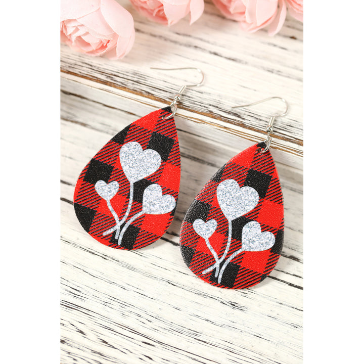 Red Valentines Day Sequin Heart Plaid PU Leather Earrings Image 2