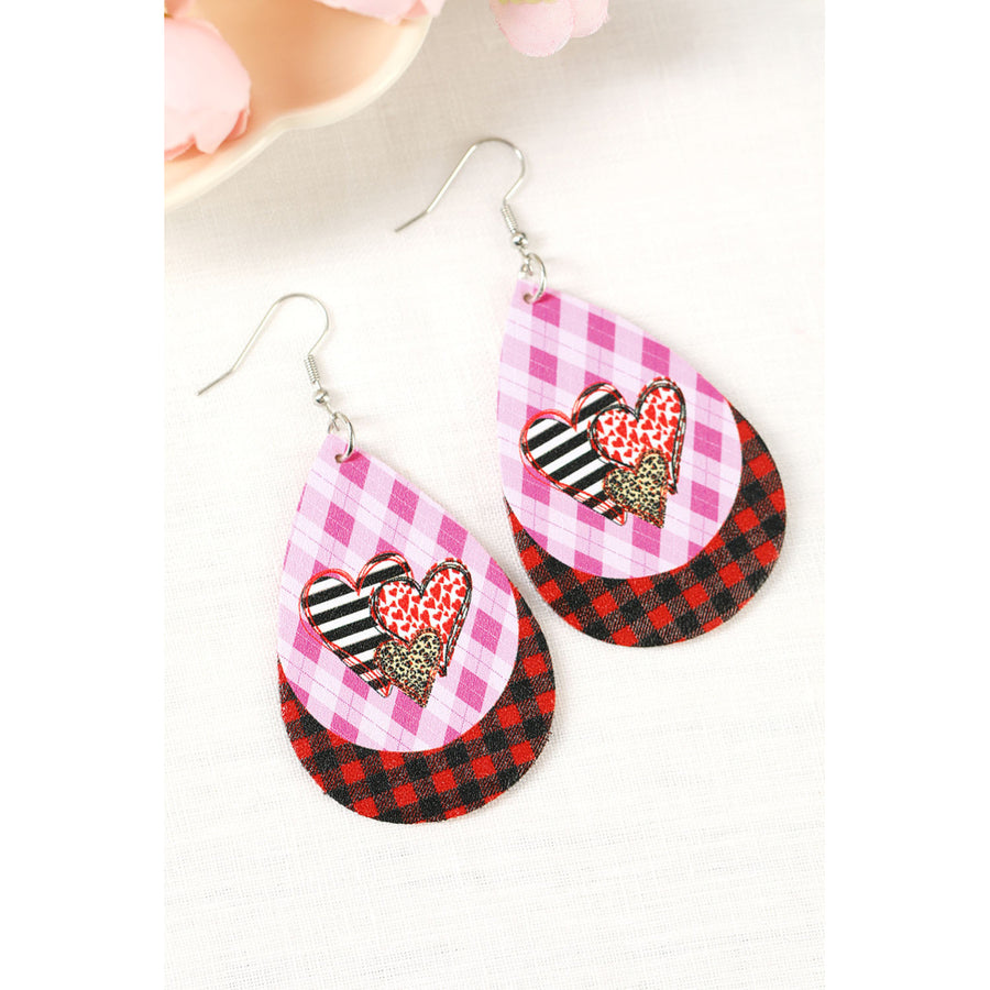 Pink Valentines Day Heart and Plaid Print Layered Earrings Image 1