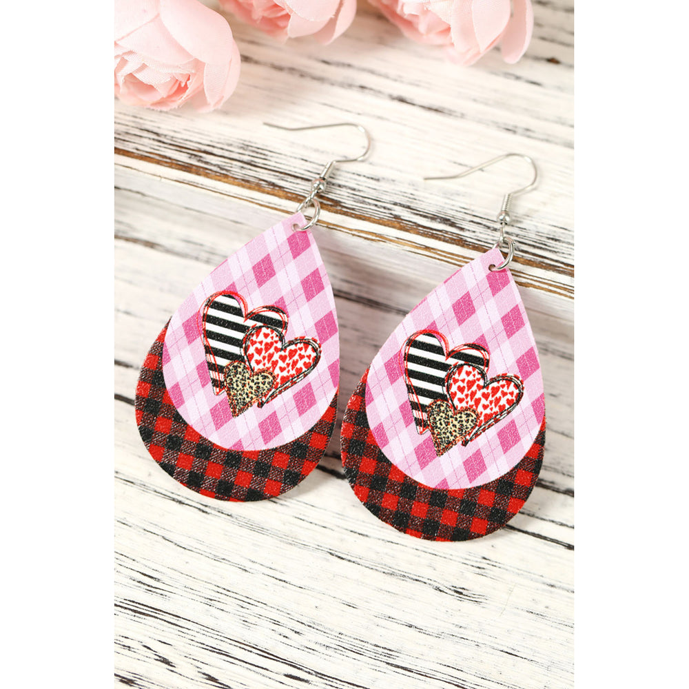 Pink Valentines Day Heart and Plaid Print Layered Earrings Image 2