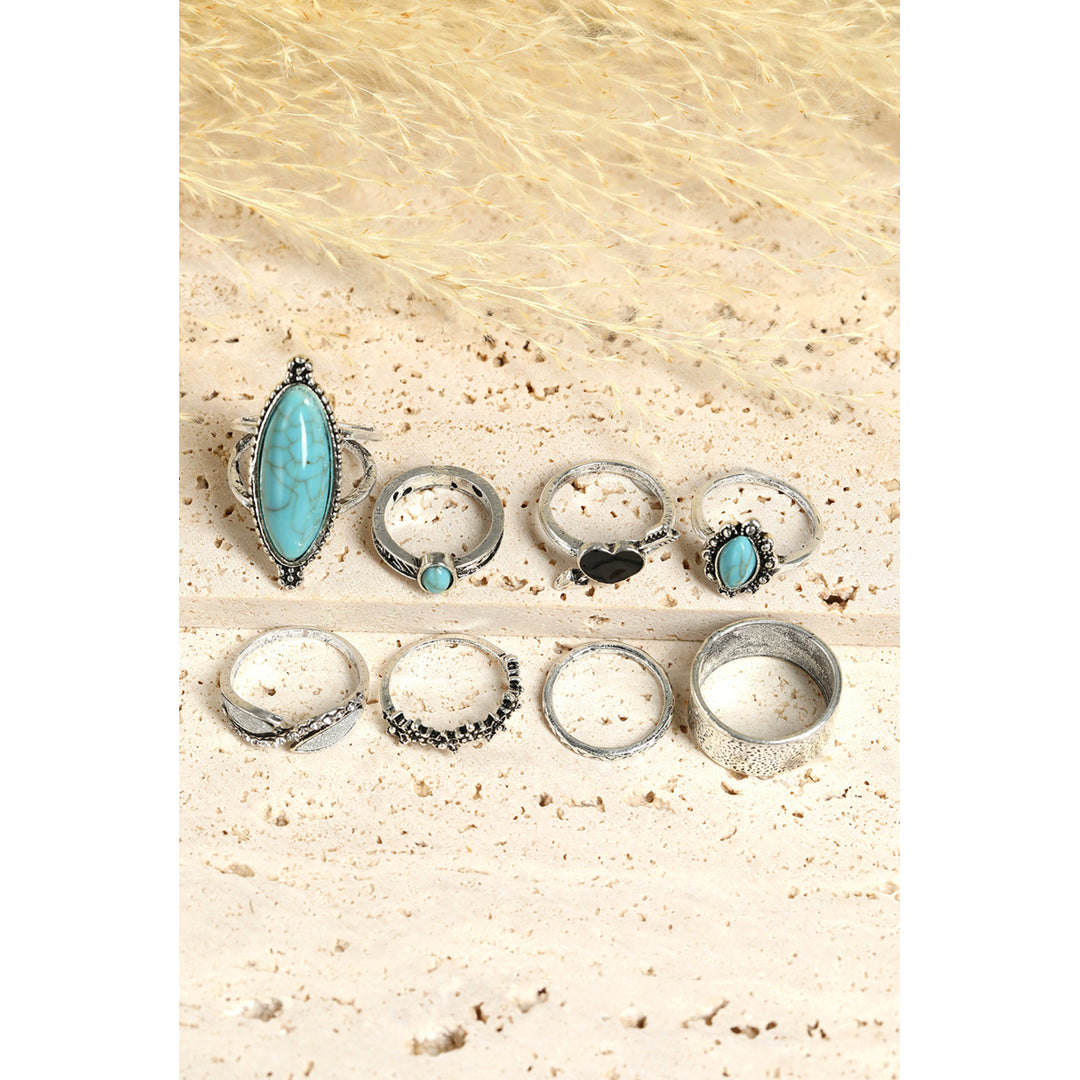 Silver Bohemian Vintage 8pcs Turquoise Rhinestone Ring Sets Image 9