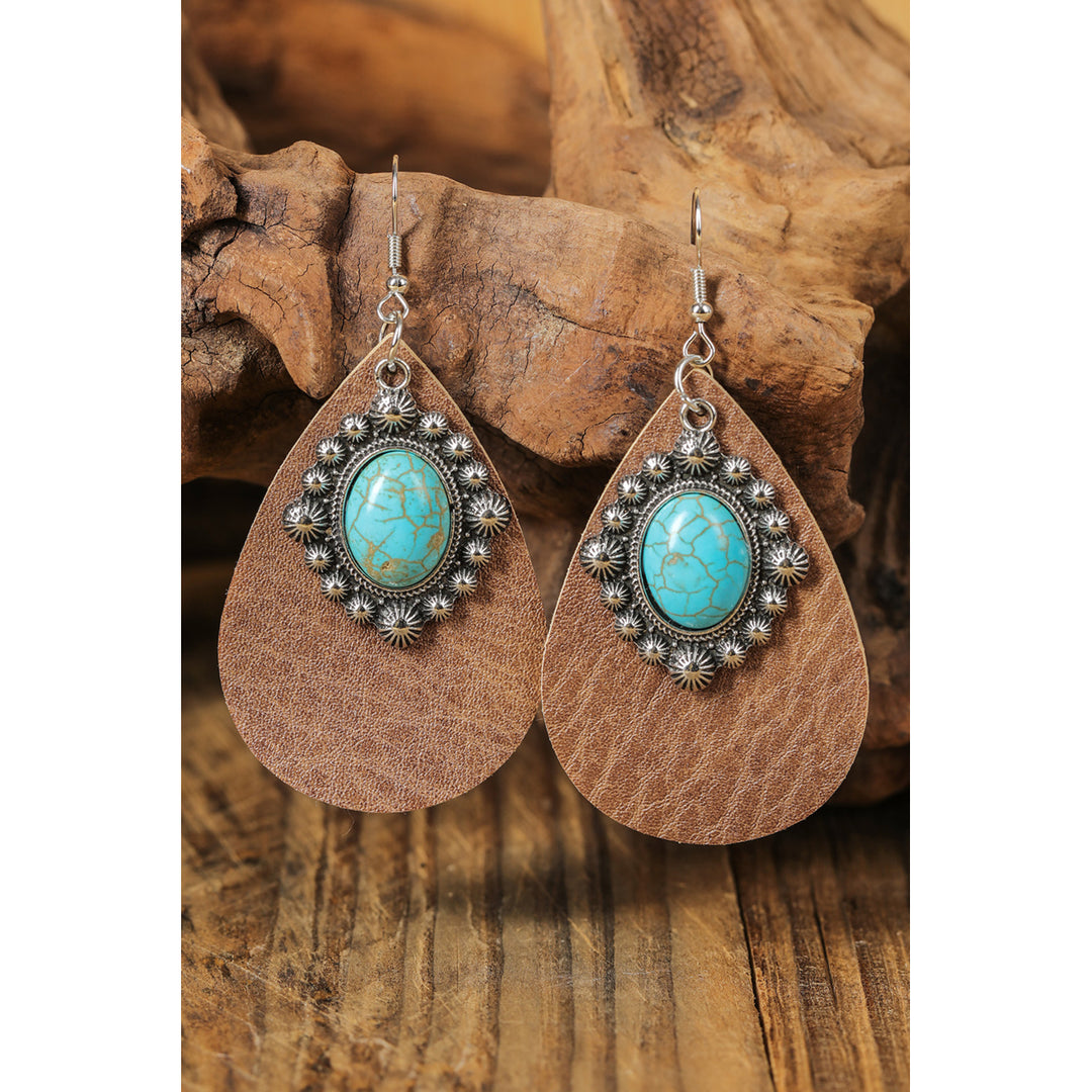 Boho Turquoise Gem Stone PU Leather Hook Earrings Image 1