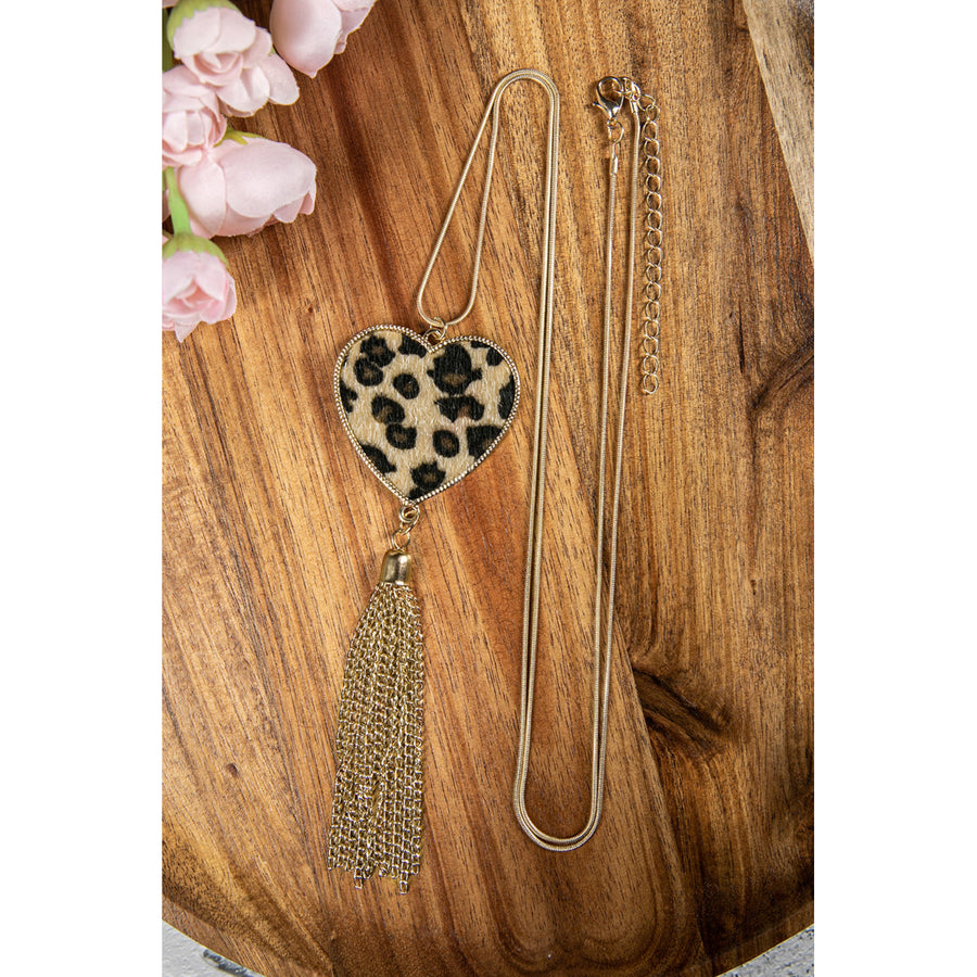 Leopard Printed Love Heart Long Tassel Necklace Image 1
