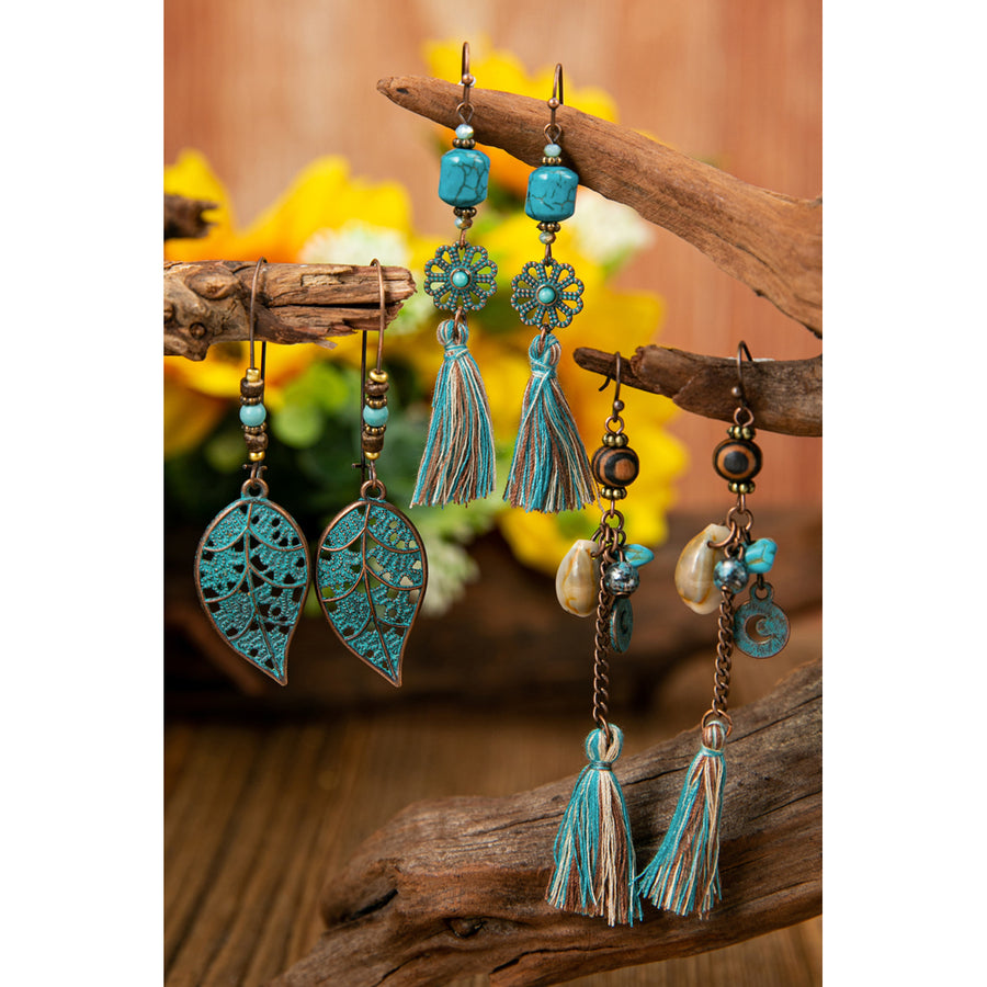 Sky Blue Bohemian Beaded Leaf Floral Hollow-out Tassel Earrings Set Image 1