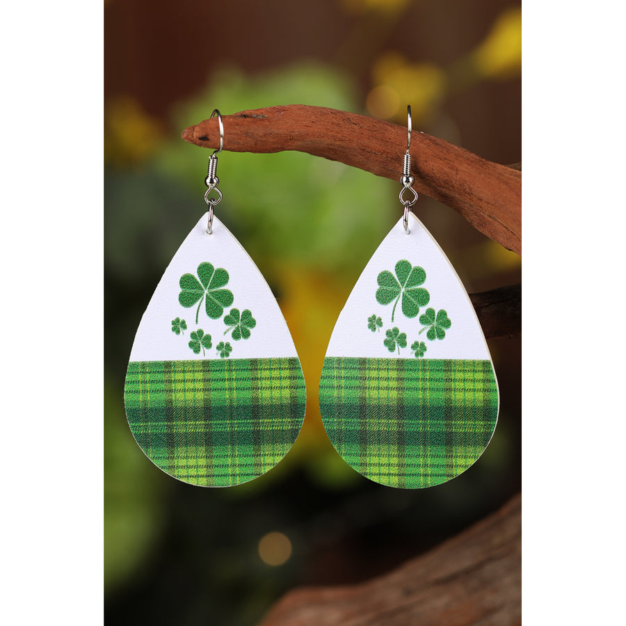 Green Clovers Plaid Patterns Earrings Image 1