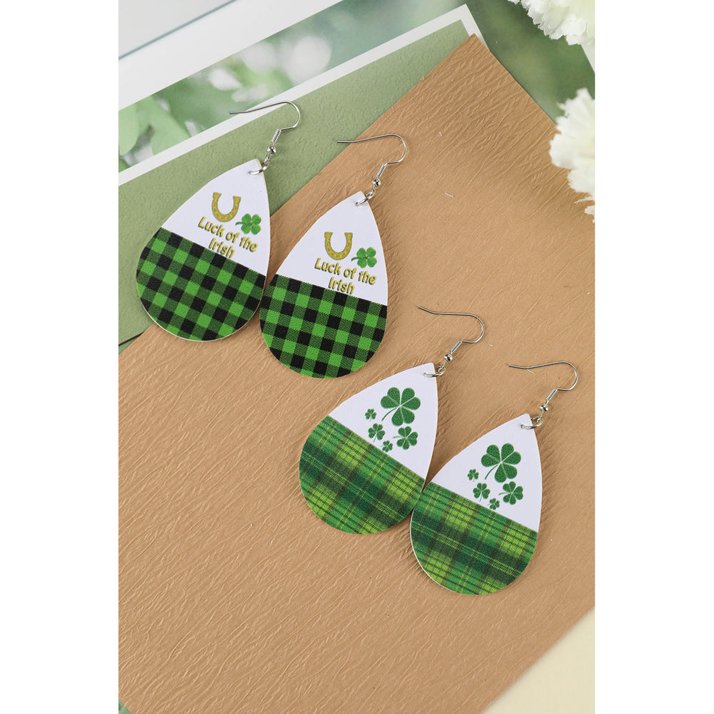 Green Clovers Plaid Patterns Earrings Image 2