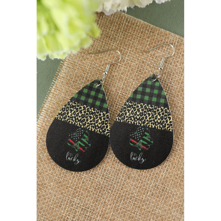 Black Plaid Leopard Lucky Clover Print Earrings Image 1