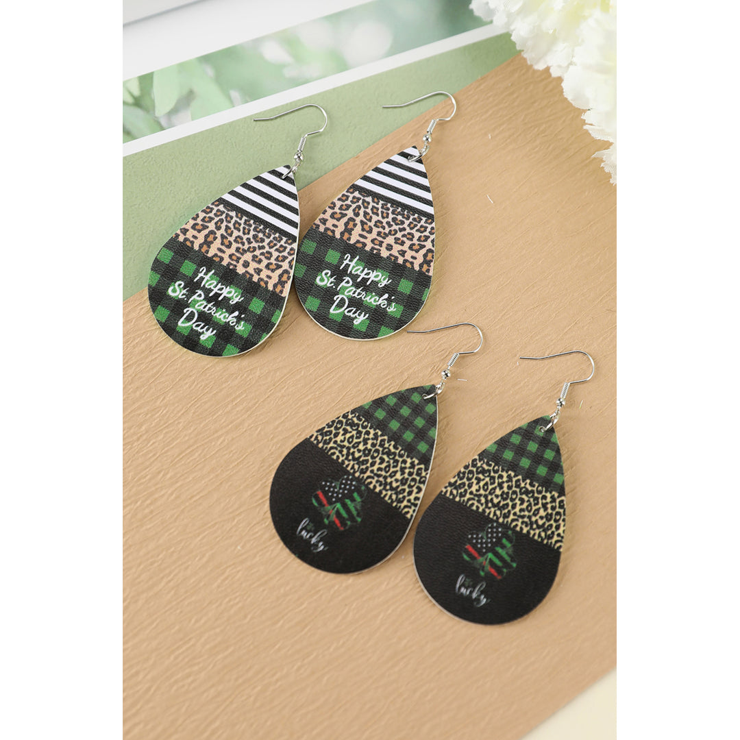 Black Plaid Leopard Lucky Clover Print Earrings Image 2