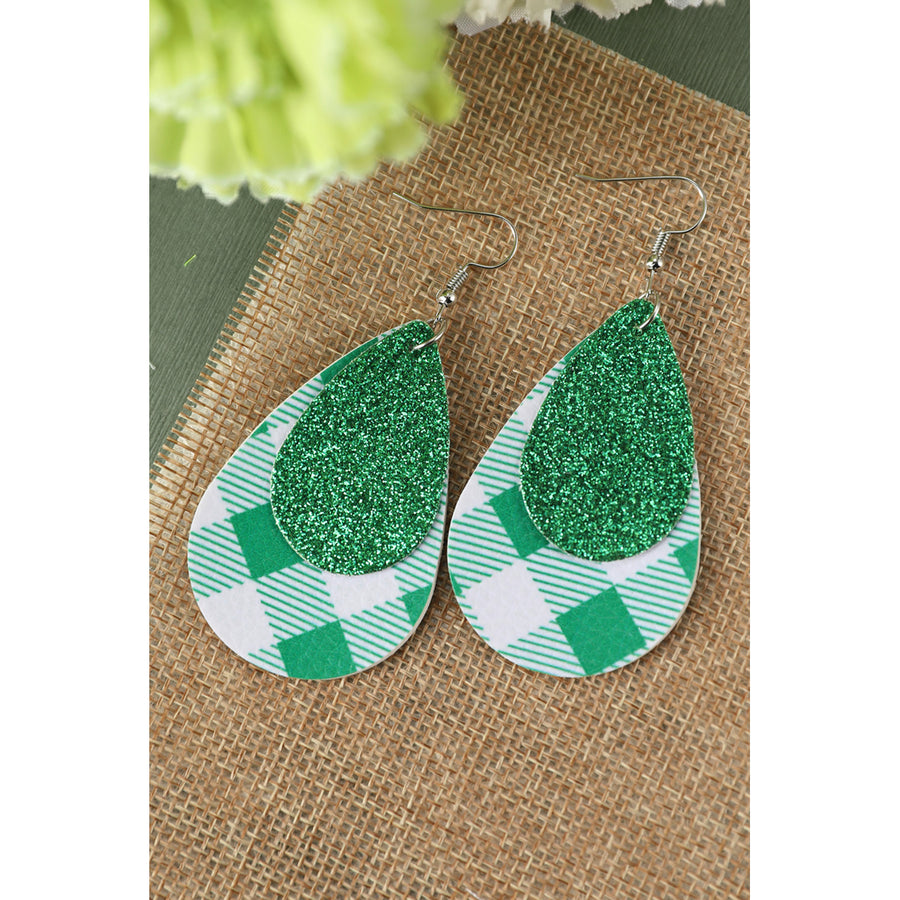 Green Sequin Plaid Double Layered Drop Earrings Image 1