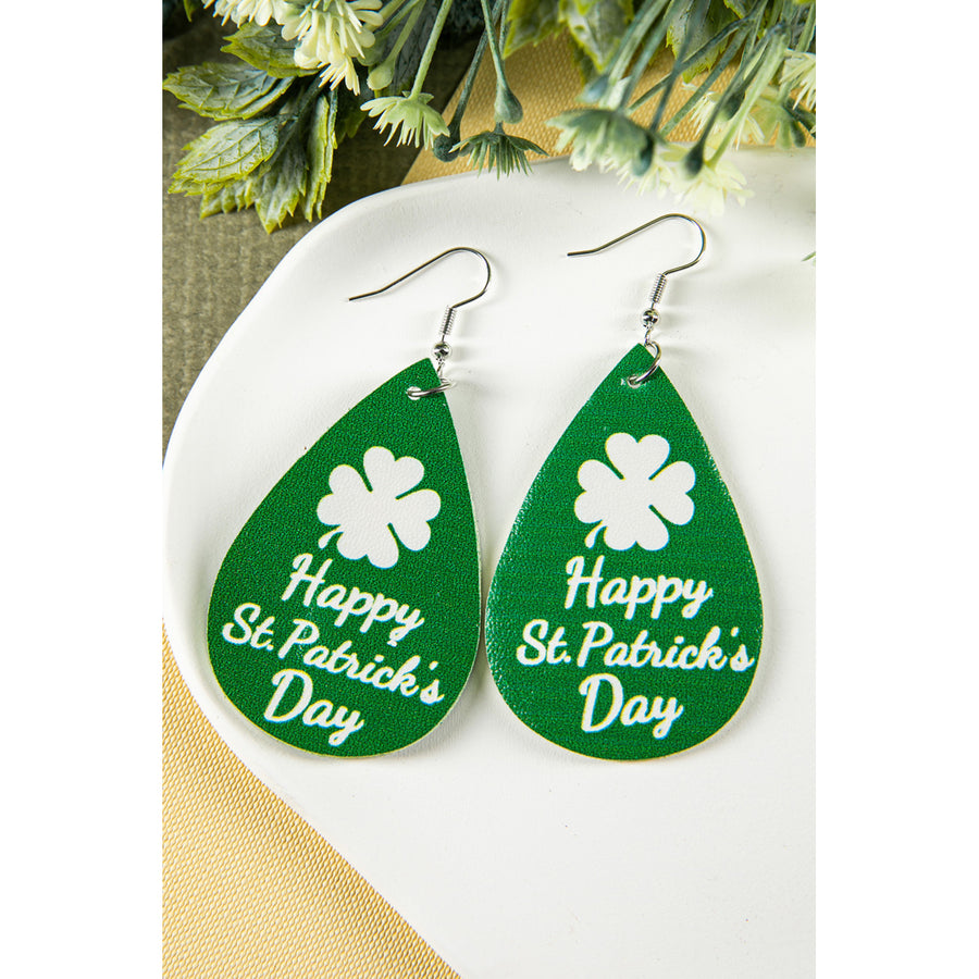 Green Happy St.Patricks Day Clover Pattern Water Drop Earrings Image 1