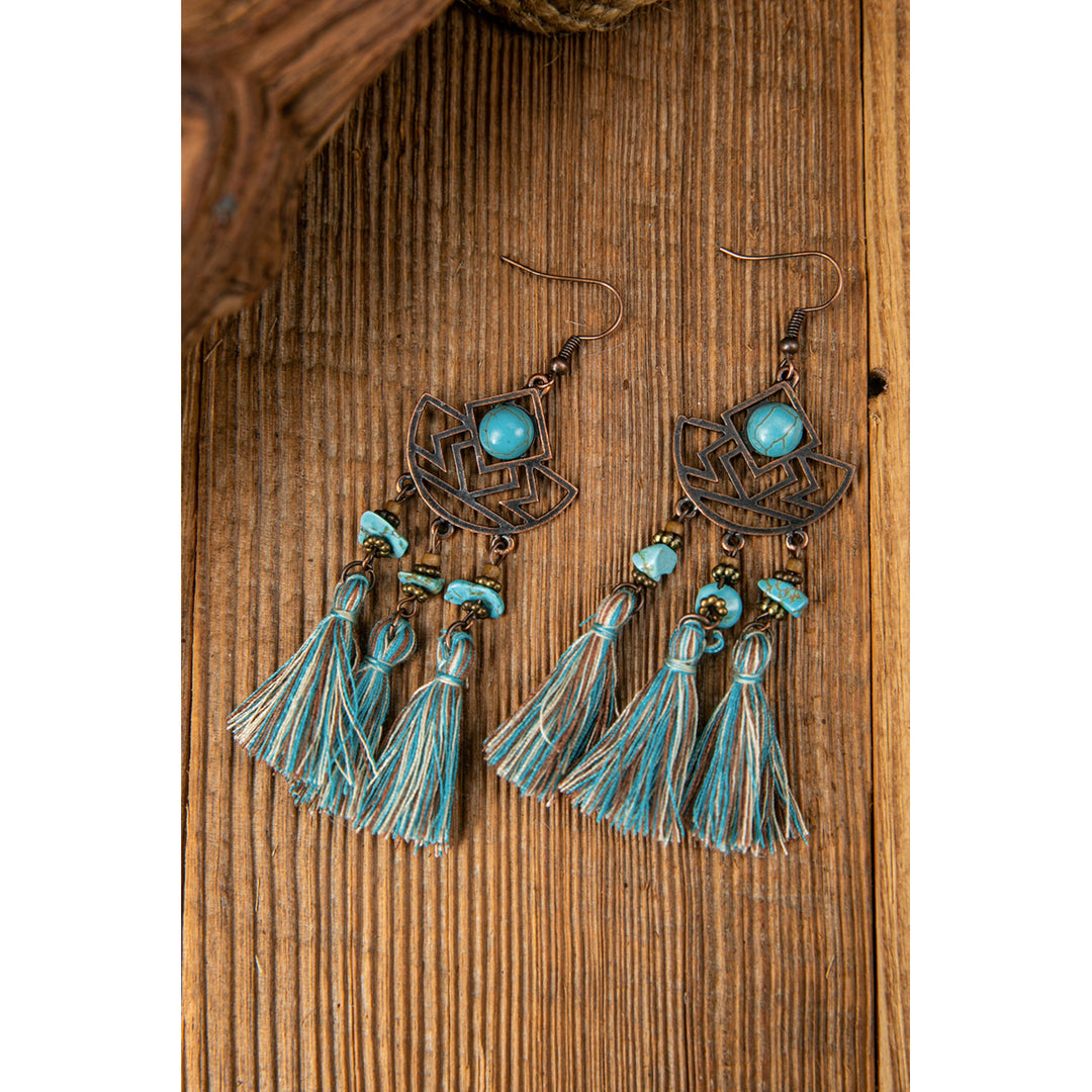 Sky Blue Bohemian Beaded Hollow-out Fringe Dangle Earrings Image 3