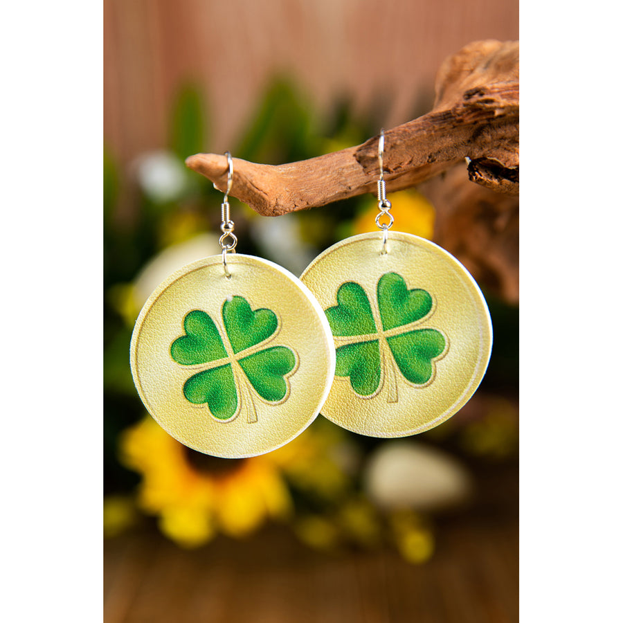 Yellow Clover Pattern Circle Pleather Earrings Image 1