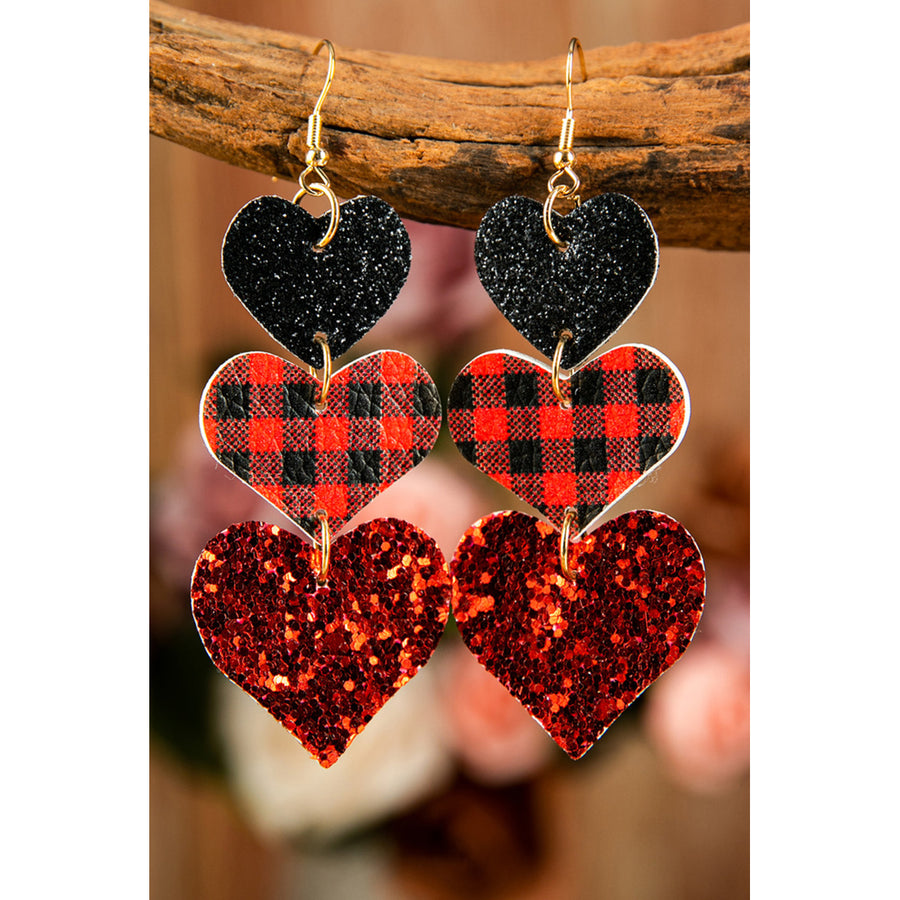 Red Valentine Heart Shape Plaid Sequin Dangle Earrings Image 1