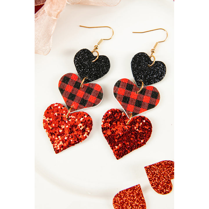 Red Valentine Heart Shape Plaid Sequin Dangle Earrings Image 2