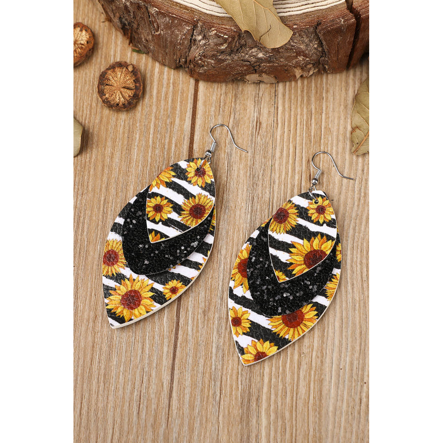 Leopard Sunflower Black Sequined Leaf Multi-Layered Leather Earrings Image 1