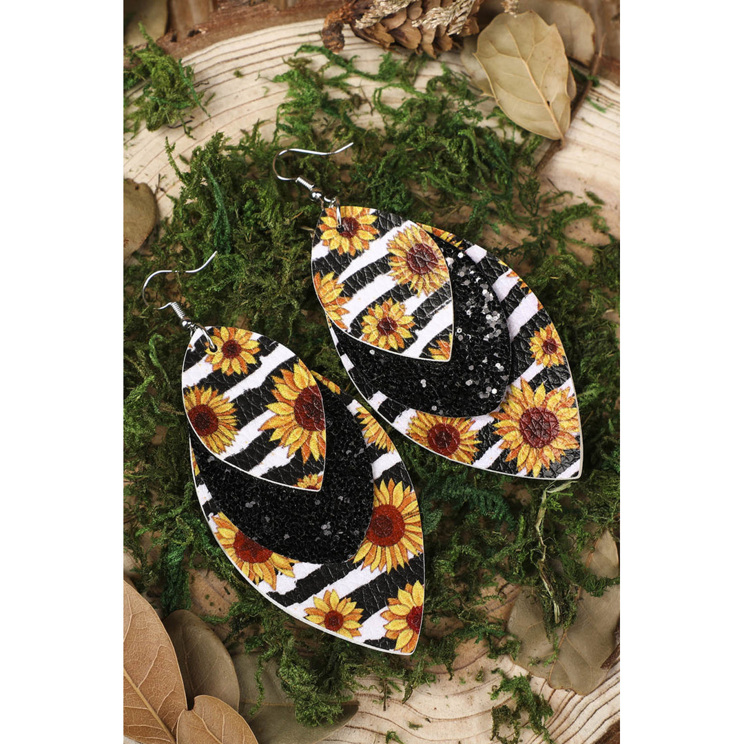 Leopard Sunflower Black Sequined Leaf Multi-Layered Leather Earrings Image 3