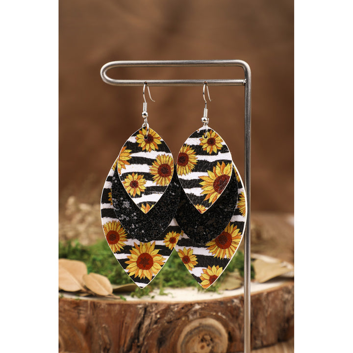 Leopard Sunflower Black Sequined Leaf Multi-Layered Leather Earrings Image 4
