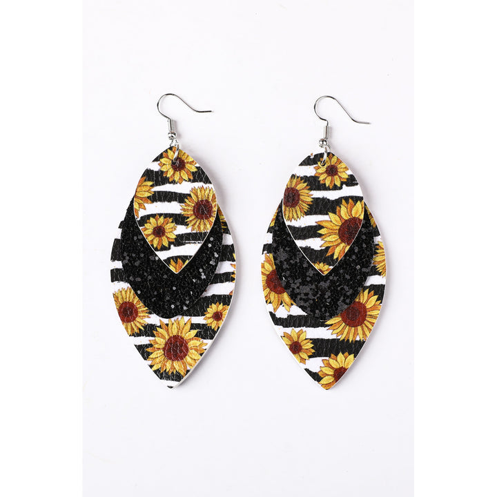Leopard Sunflower Black Sequined Leaf Multi-Layered Leather Earrings Image 4