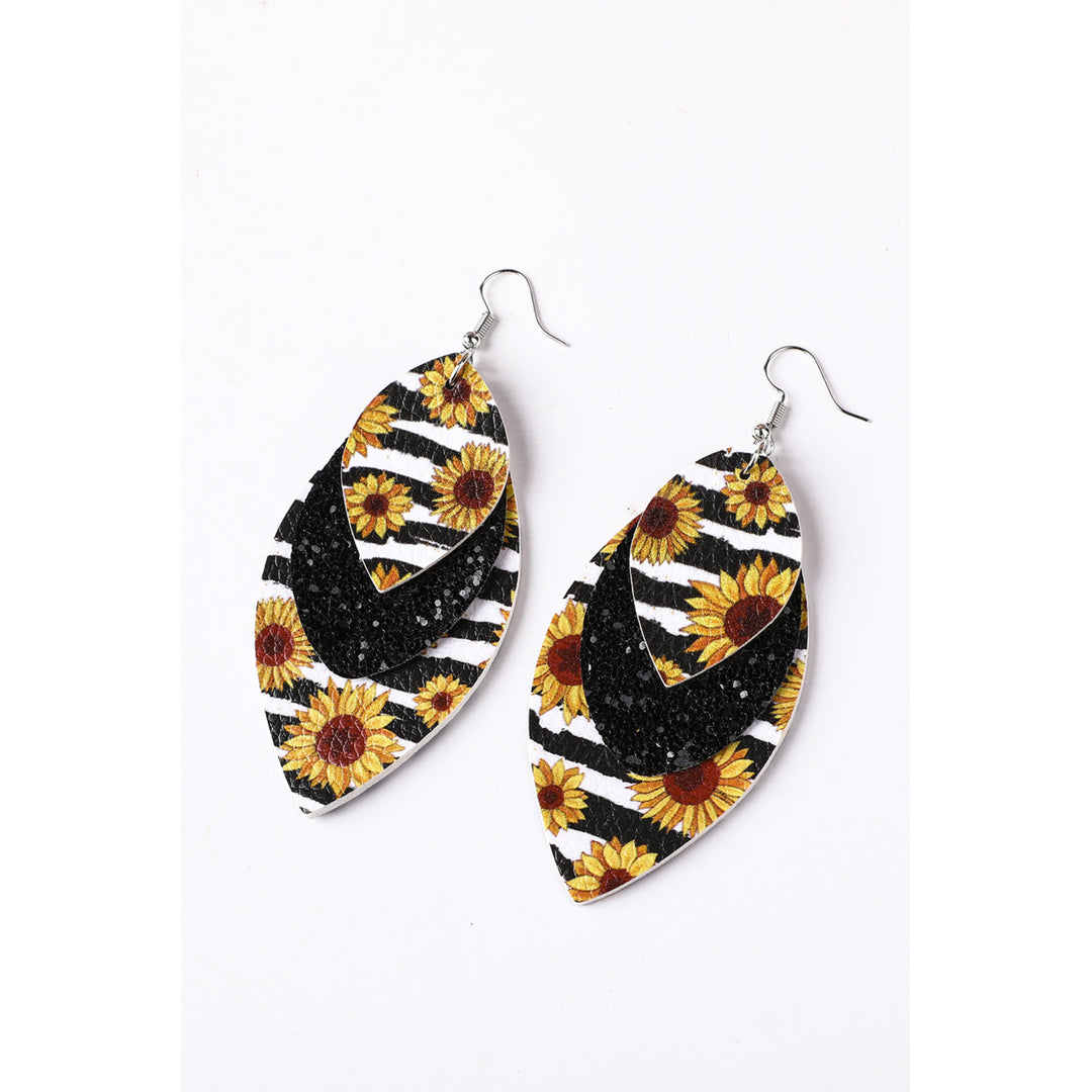 Leopard Sunflower Black Sequined Leaf Multi-Layered Leather Earrings Image 6