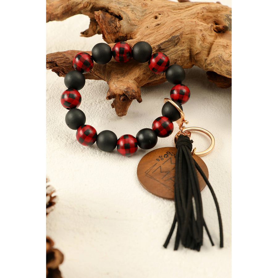 Red Plaid Wood Bead Bracelet Tassel Keychain Image 1