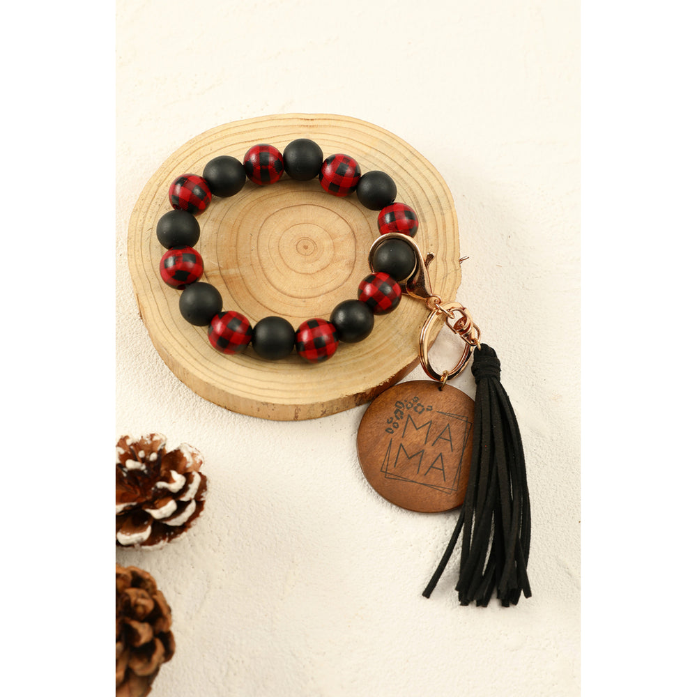 Red Plaid Wood Bead Bracelet Tassel Keychain Image 2