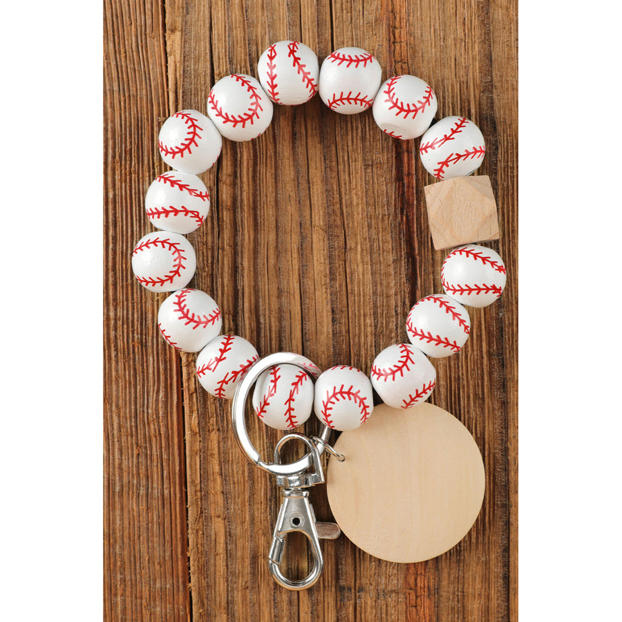 White Baseball Wood Beads Wood Chips Bracelet Keychain Image 1