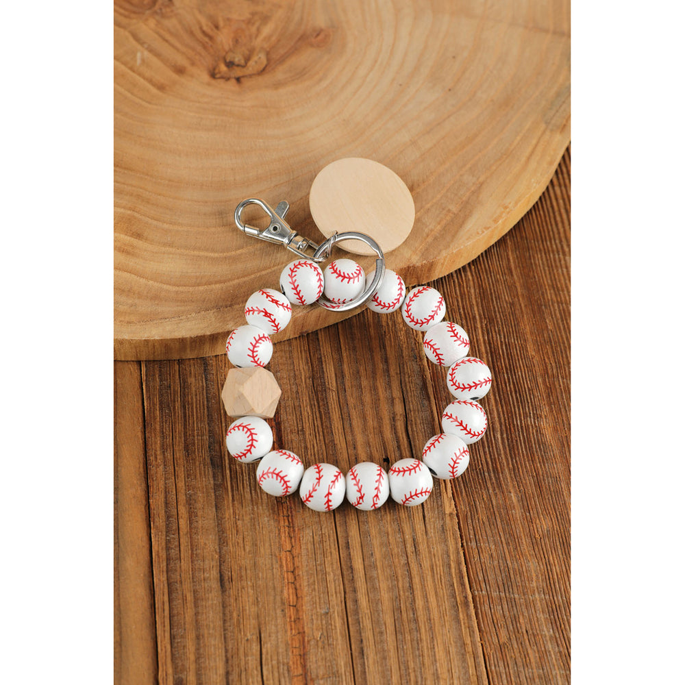 White Baseball Wood Beads Wood Chips Bracelet Keychain Image 2