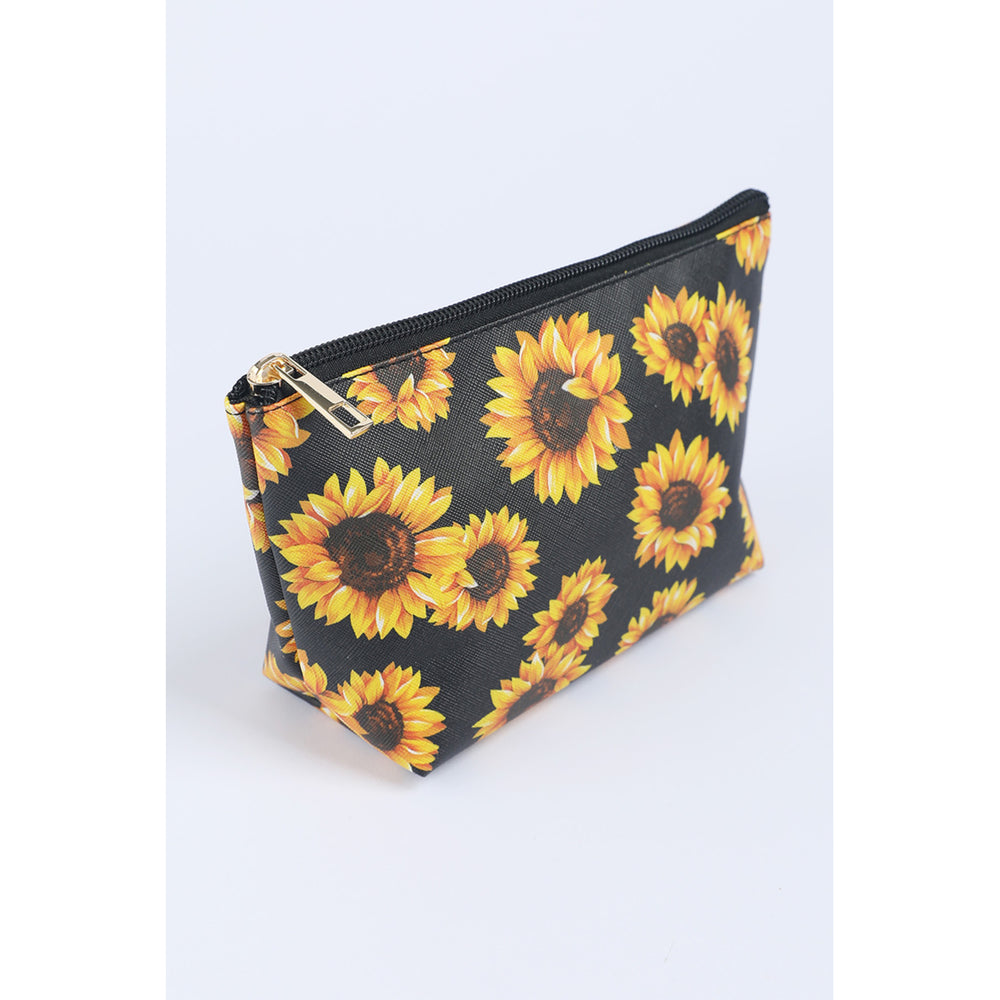 Black Sunflower Print Zipper Make Up Bag Image 2