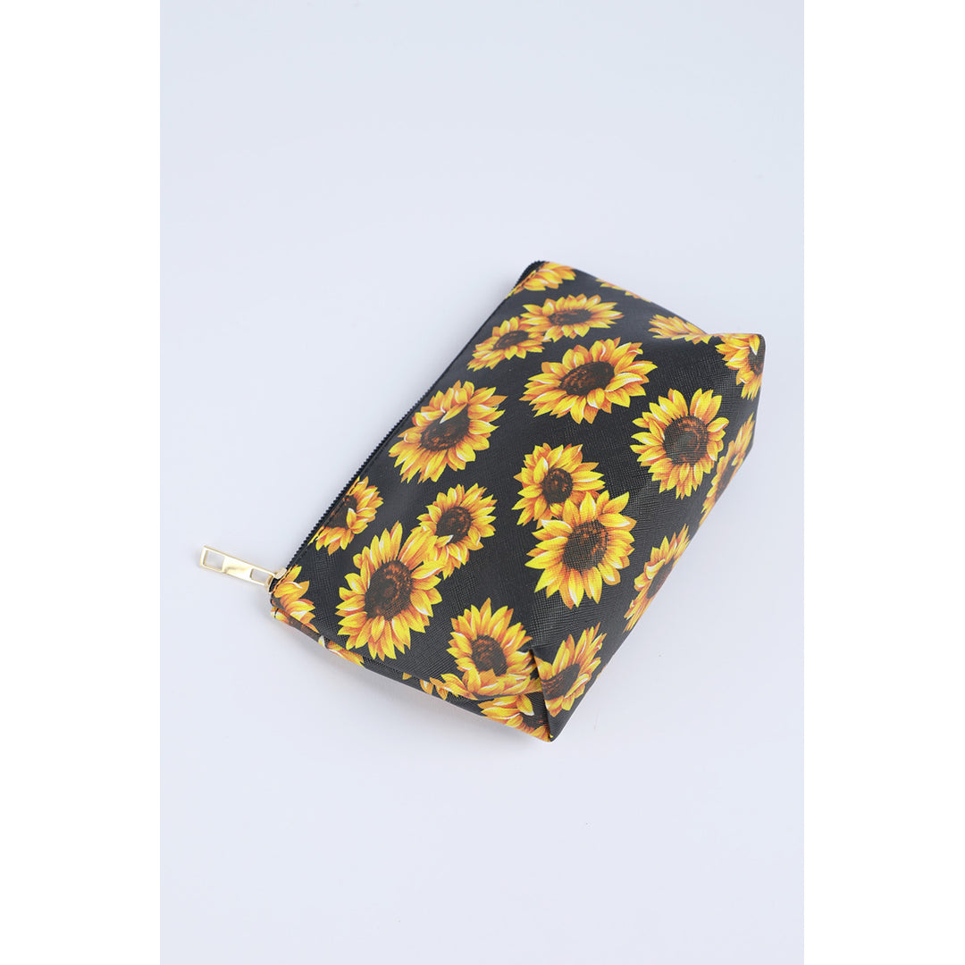 Black Sunflower Print Zipper Make Up Bag Image 3