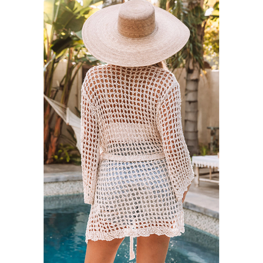 Womens Apricot Knit Crochet Open Front Beach Cover Up with Tie Image 1