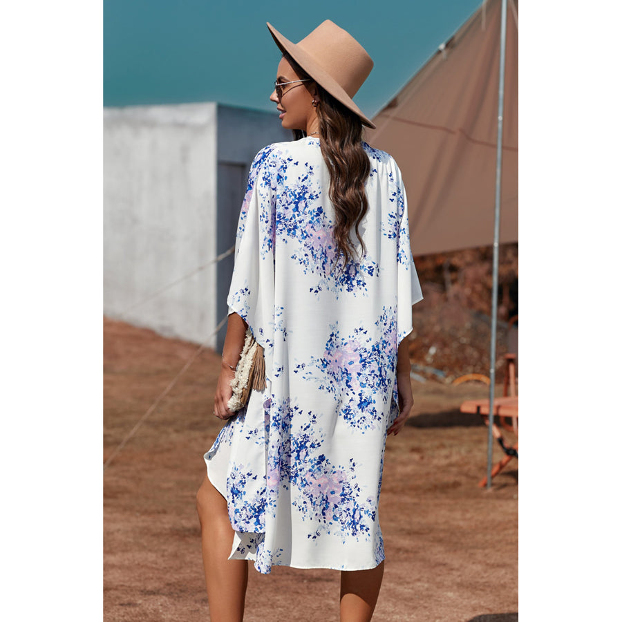 Womens White Floral Kimono Sleeves Chiffon Loose Beach Cover Up Image 1