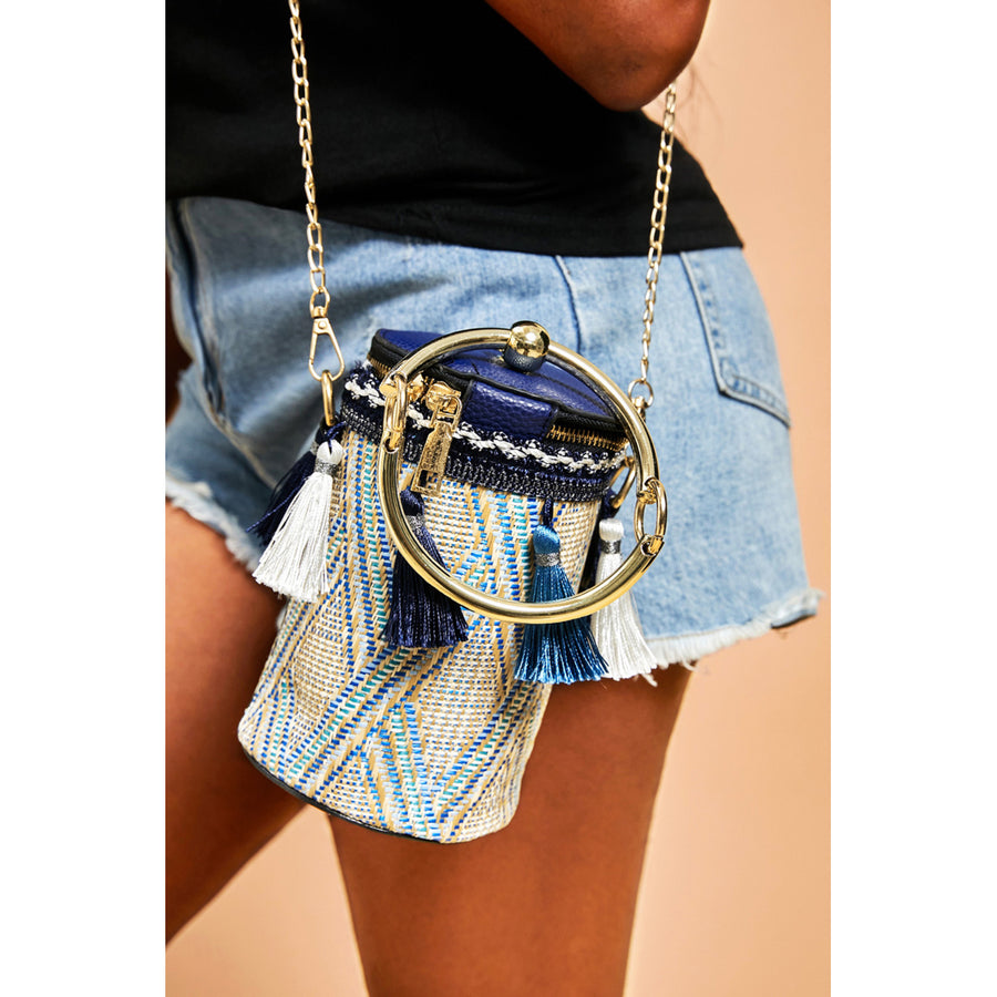 Women's Blue Tribal Pattern Woven Tassel Chain Shoulder Bag Image 1