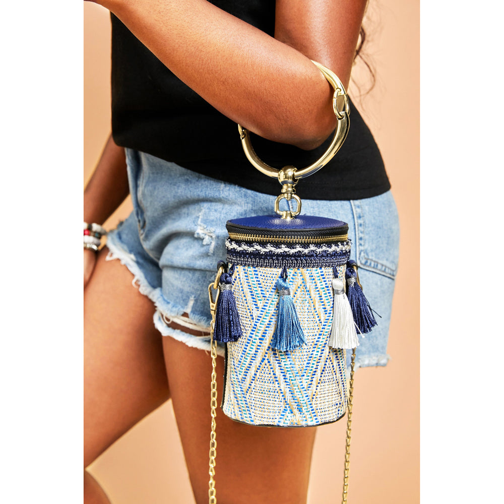 Women's Blue Tribal Pattern Woven Tassel Chain Shoulder Bag Image 2