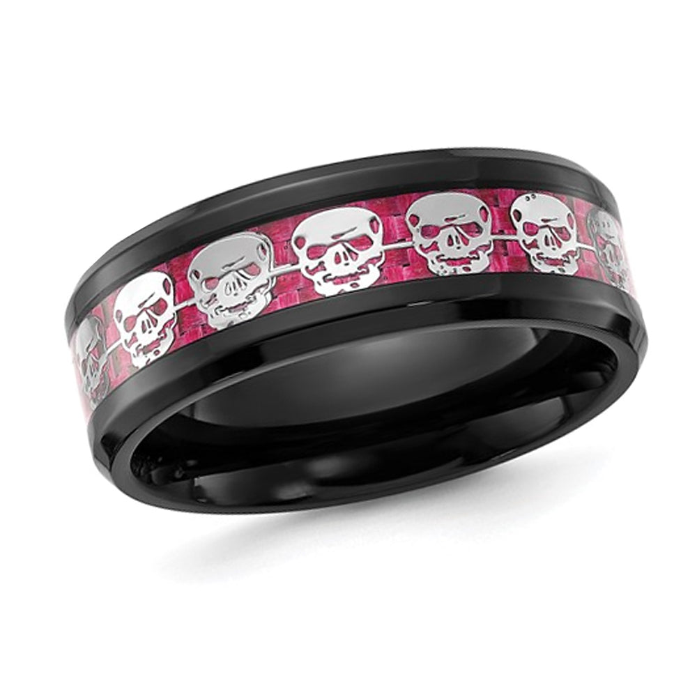 Mens Skull Pink Carbon Fiber Ring in Black Stainless Steel (8mm) Image 4