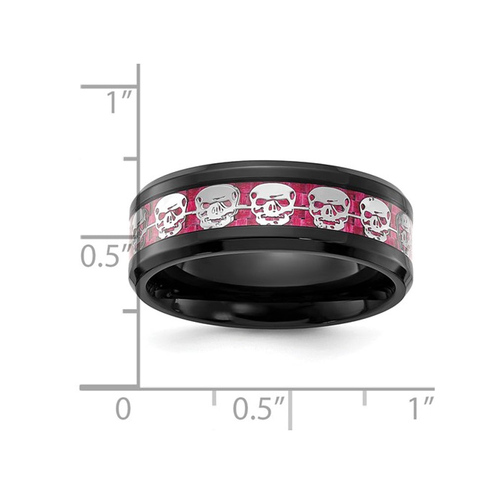 Mens Skull Pink Carbon Fiber Ring in Black Stainless Steel (8mm) Image 2