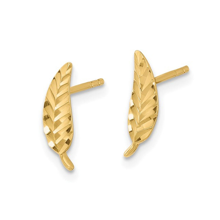 14K Yellow Gold Diamond-cut Leaf Post Earrings Image 3