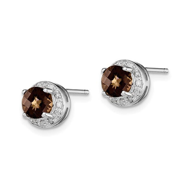 1/2 Carat (ctw) Smoky Quartz Solitaire Halo Diamond Earrings in Sterling Silver Image 4