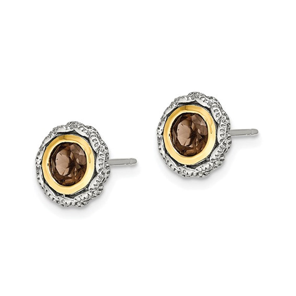 4/5 Carat (ctw) Smoky Quartz Solitaire Earrings in Sterling Silver with 14K Accents Image 2