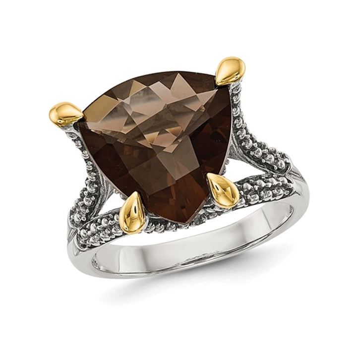 4.30 Carat (ctw) Trillion Smoky Quartz Ring in Sterling Silver with 14K Gold Accent Image 1