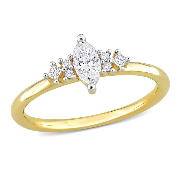 2/5 Carat (ctw I1-I2 H-I) Three Stone Marquise Diamond Ring in 14K Yellow Gold Image 1