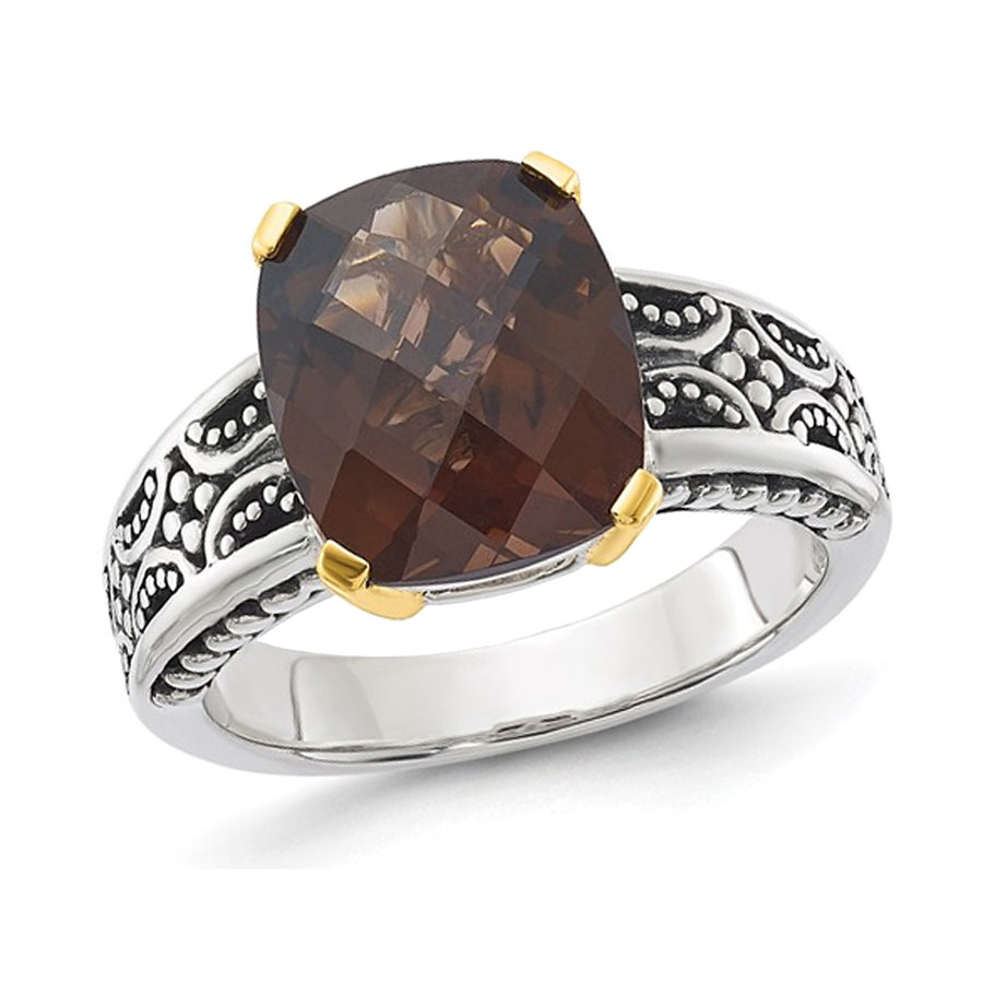 4.87 Carat (ctw) Checkerboard Smoky Quartz Ring in Antiqued Sterling Silver Image 1