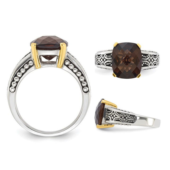 4.87 Carat (ctw) Checkerboard Smoky Quartz Ring in Antiqued Sterling Silver Image 2