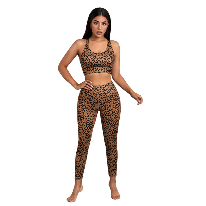 Womens Brown Cheetah Print Sport Bra Pants Set Image 4