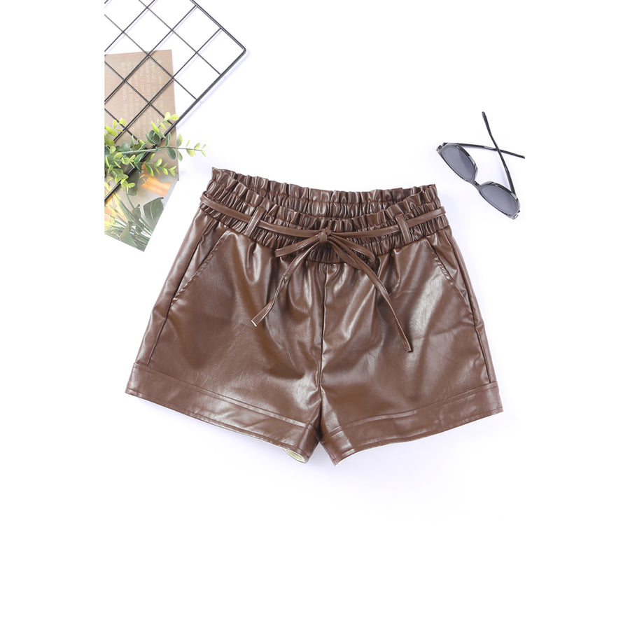 Womens Brown PU Leather Belted High Waist Shorts Image 1