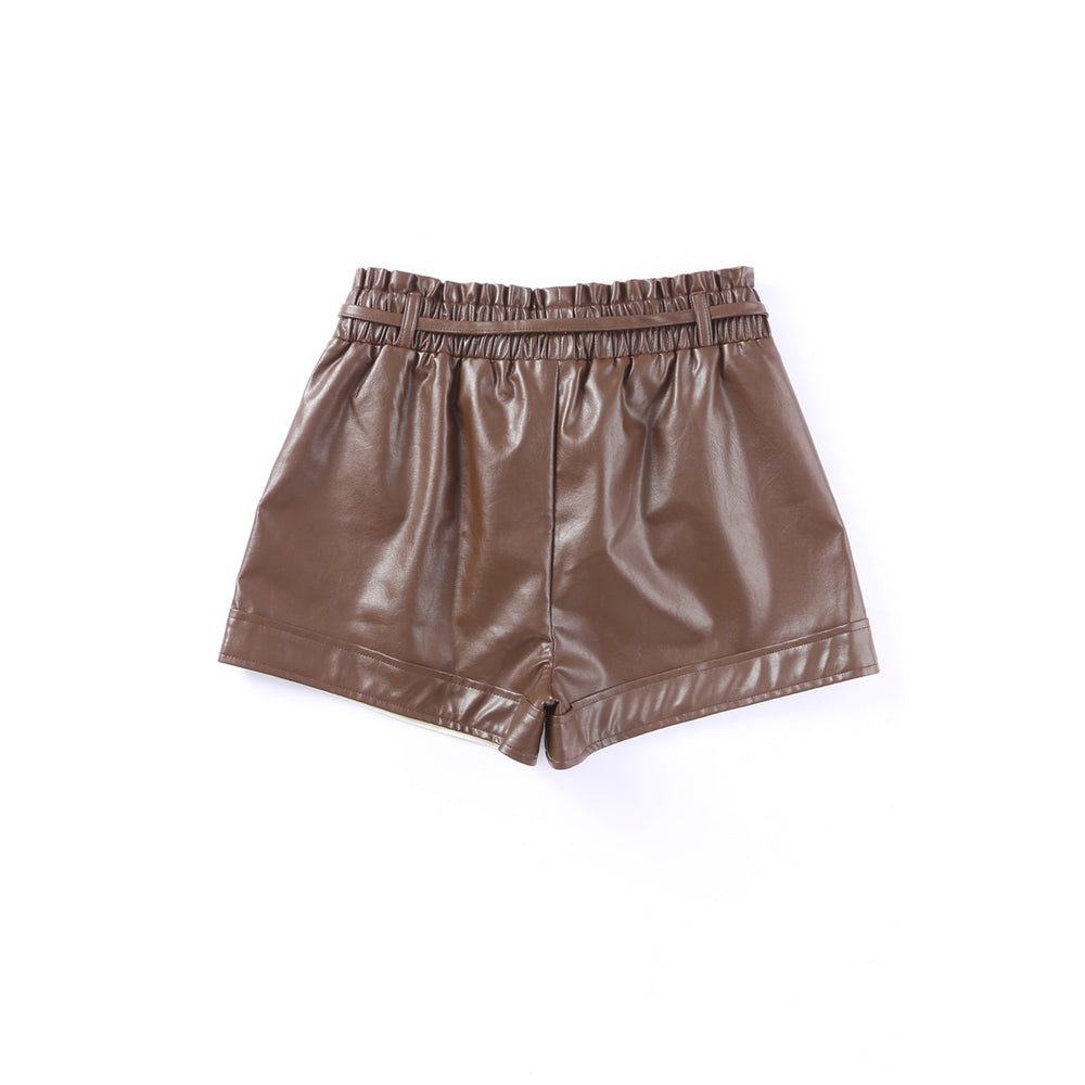 Womens Brown PU Leather Belted High Waist Shorts Image 2