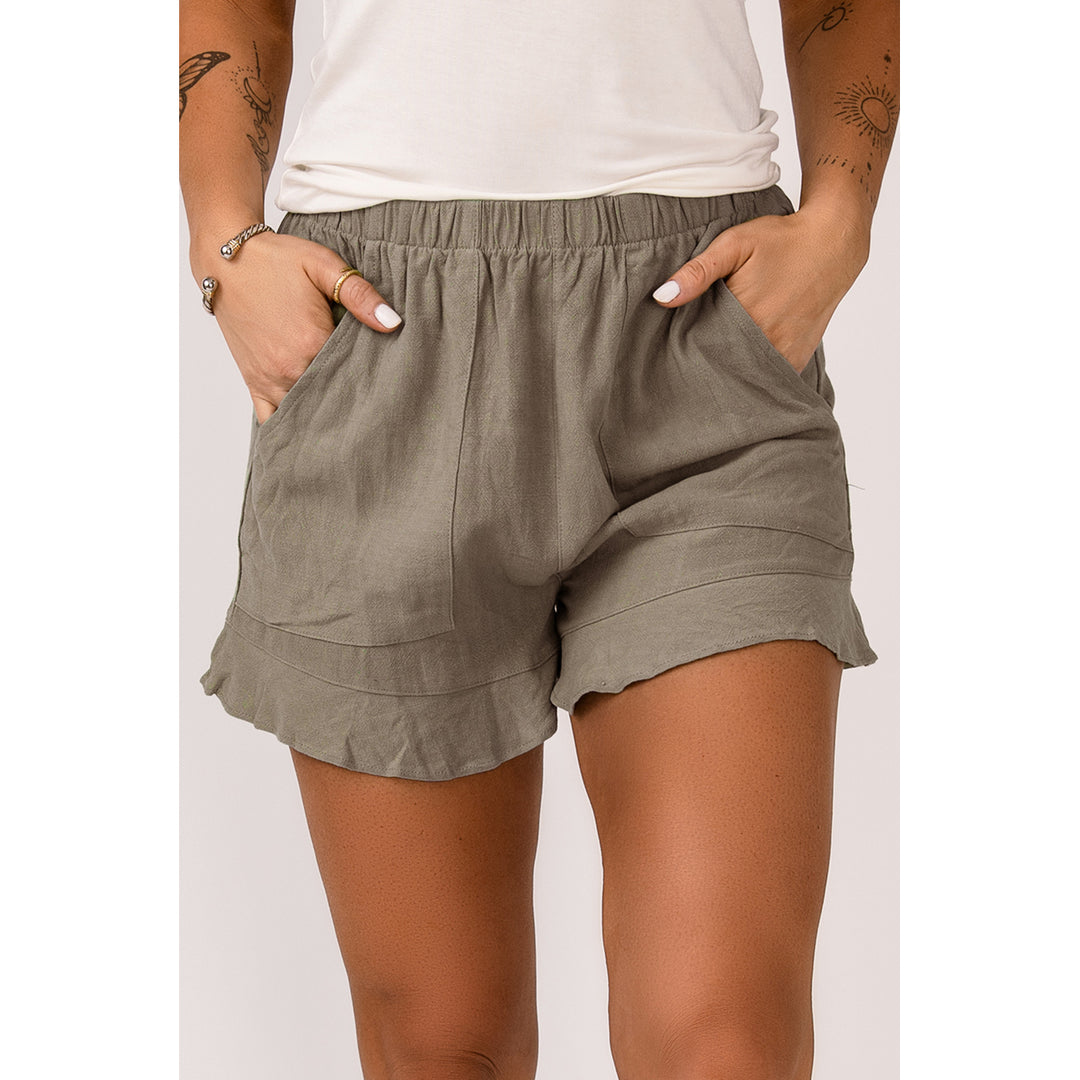 Women's Khaki High Waist Pocketed Ruffle Shorts Image 1