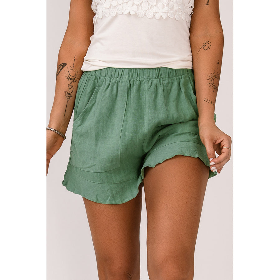 Women's Green High Waist Pocketed Ruffle Shorts Image 1