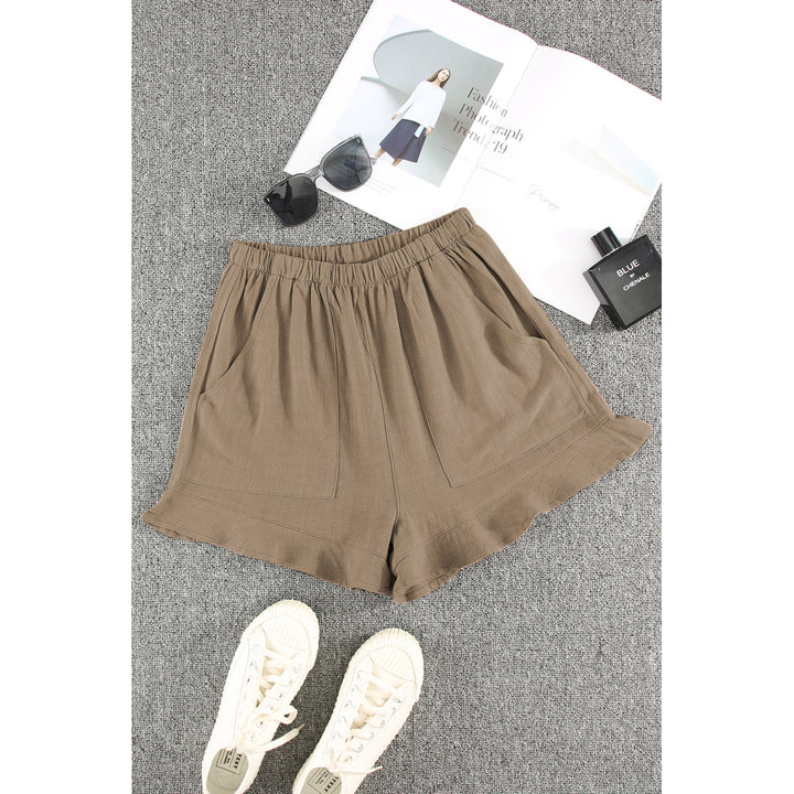 Womens Khaki High Waist Pocketed Ruffle Shorts Image 4